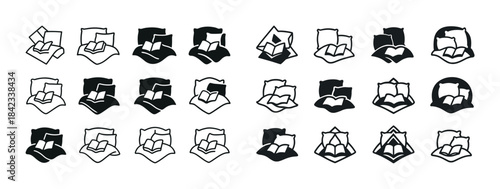 Diverse book icon collection in black and white: twenty unique d