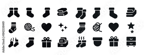 Black icon set of socks, gifts, yarn, hearts, stars, and drawers
