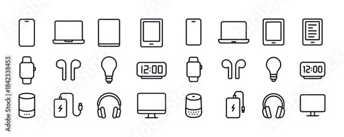 Minimalist outline icons of electronic devices and gadgets