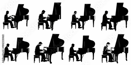 Eight Silhouettes of Pianists Playing Grand Pianos: Musicians Performing Classical Music in Vector Illustration Set.