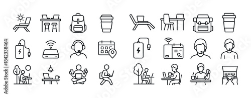 Modern line icons: furniture, technology, people relaxing and wo