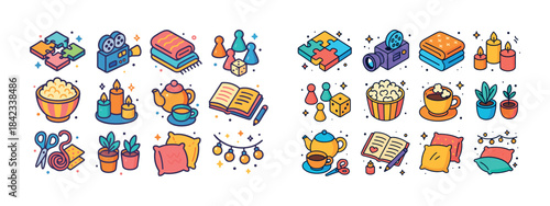 Cozy leisure items: books, tea, games, and candles in charming c