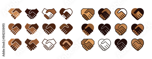 Diverse handshake icons: multicultural handshakes and heart symb