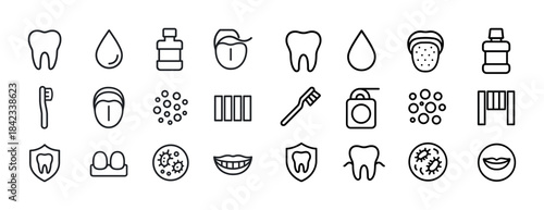 Dental care icons set: toothbrush, floss, mouthwash, shield, smi