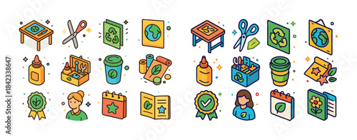 Eco-friendly crafts and activities icons for environmental aware