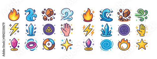 Colorful elemental icons: fire, water, earth, air, magic symbols