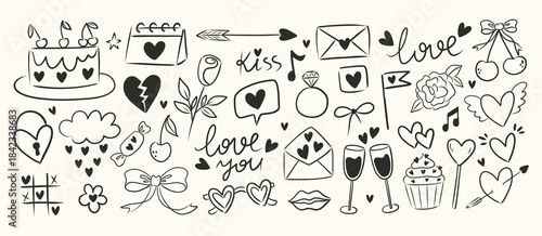 Hand draw whimsical valentines day elements collection.