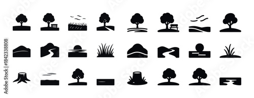 Collection of minimalist landscape icons including trees, grass,