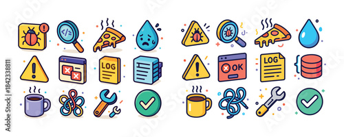 Colorful icons: debugging, food, tools, warnings, logs, drops, c