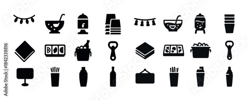 Black silhouettes of party and beverage items on white backgroun