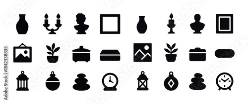 Set of black silhouettes: vases, candlesticks, busts, frames, an