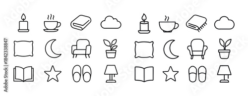 Minimalist icon set: candle, coffee, book, cloud, pillow, moon,