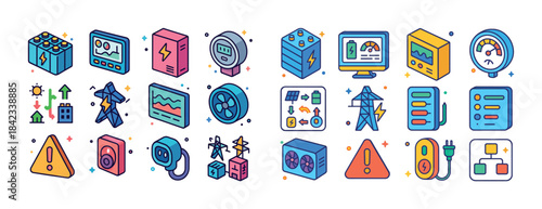 Colorful energy icons: solar, electric, efficiency, and renewabl