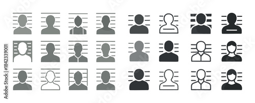 Various mugshot silhouettes in black and white on lineup backgro