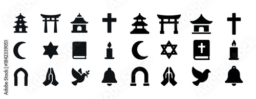 Religion symbols set: pagoda, cross, crescent, star, book, candl