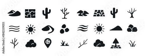 Desert landscape icons: cactus, sun, rocks, and trees in minimal