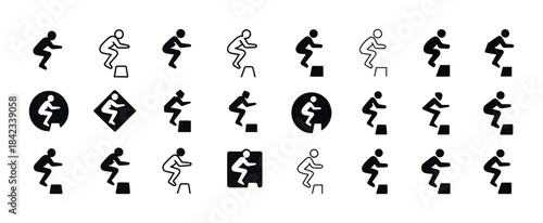 Set of stick figure icons depicting exercise and step-up routine