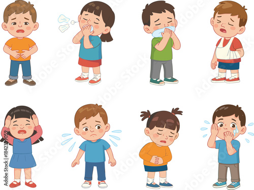 Cartoon children showing illness symptoms including fever cough cold sneezing stomach ache headache injury healthcare illustration set for kids education