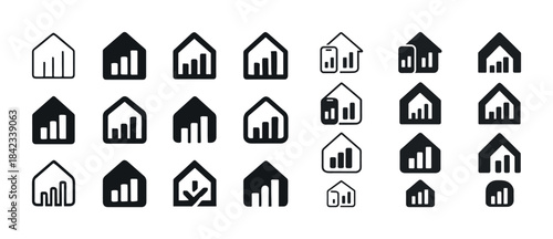 Set of various graph and chart icons in house shapes