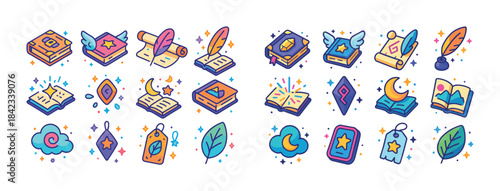 Colorful magical book and writing icons