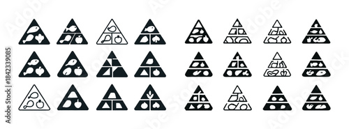 Set of triangular food pyramid icons representing balanced nutri