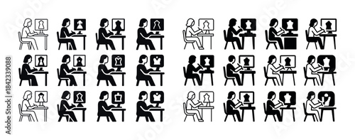 Set of icons depicting people engaging in online video calls and