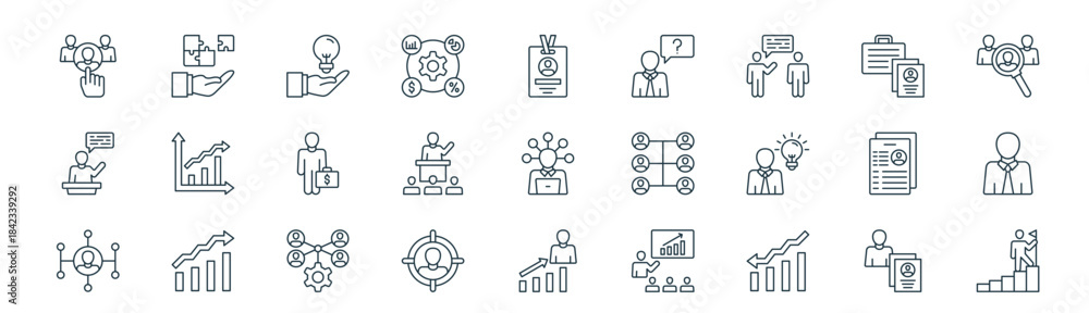 Fototapeta premium modern linear human resources icon set. vector thin line outline symbols for ui/ux app and web interfaces. minimal stroke collection including candidate, problem solving, creativity, portfolio,