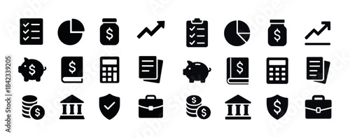 Collection of financial and business icons including piggy bank