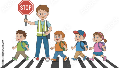 Cartoon illustration of school crossing guard helping children safely walk across crosswalk, educational safety concept for kids, traffic awareness scene