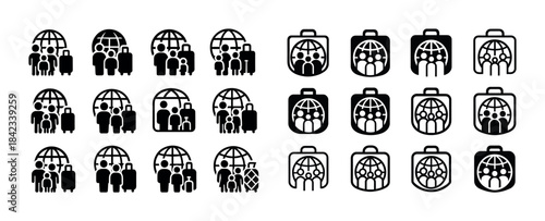 Diverse family travel icons set featuring global themes and lugg