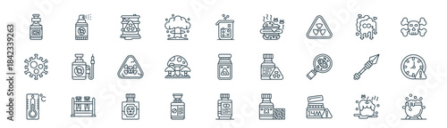 modern linear poison icon set. vector thin line outline symbols for ui/ux app and web interfaces. minimal stroke collection including rotten, spray bottle, toxic waste, air pollution, mushroom,