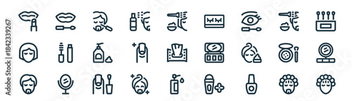modern linear cosmetic icon set. vector thin line outline symbols for ui/ux app and web interfaces. minimal stroke collection including perming, lip gloss, concealer, hair dye, fingernail, mirror,