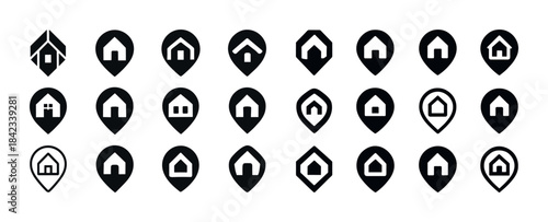 Set of 24 black house icons in various pin shapes for maps and n