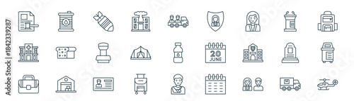 modern linear world refugee day icon set. vector thin line outline symbols for ui/ux app and web interfaces. minimal stroke collection including truck, oil barrel, nuclear bomb, lectern, tent,