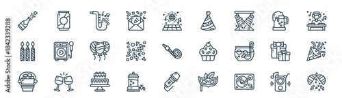 modern linear party icon set. vector thin line outline symbols for ui/ux app and web interfaces. minimal stroke collection including speaker, soft drink, saxophone, beer, streamers, confetti,