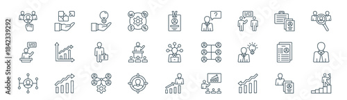modern linear human resources icon set. vector thin line outline symbols for ui/ux app and web interfaces. minimal stroke collection including candidate, problem solving, creativity, portfolio,