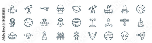 modern linear space icon set. vector thin line outline symbols for ui/ux app and web interfaces. minimal stroke collection including alien, telescope, laser gun, ufo, space robot, alien, astronaut,