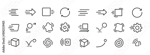 Dynamic motion icons set: arrows, gears, spirals, and boxes for