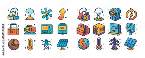 Colorful icons of energy production and environmental elements