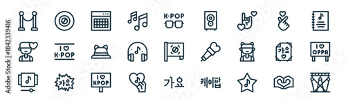 modern linear kpop icon set. vector thin line outline symbols for ui/ux app and web interfaces. minimal stroke collection including hands, kpop, amplifier, kpop, headphones, oppa, lights.