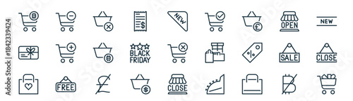 modern linear shopping icon set. vector thin line outline symbols for ui/ux app and web interfaces. minimal stroke collection including bitcoin, remove, clear, open,  , close, close, shopping cart.