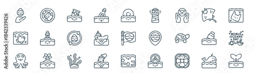 modern linear world ocean day icon set. vector thin line outline symbols for ui/ux app and web interfaces. minimal stroke collection including whale, no bottle, contamination, stingray, ship, world