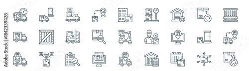 modern linear shipping and delivery icon set. vector thin line outline symbols for ui/ux app and web interfaces. minimal stroke collection including distribution center, home delivery, shipping