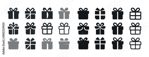 Variety of gift box icons in black and gray with bows