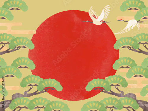 初日の出と松と鶴のフレーム