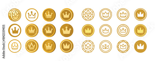 Gold coin icon set featuring crown designs in various styles