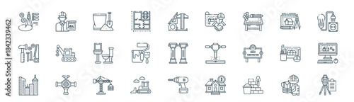 modern linear architecture icon set. vector thin line outline symbols for ui/ux app and web interfaces. minimal stroke collection including safety at work, architect, concrete, drawing, paint tools,