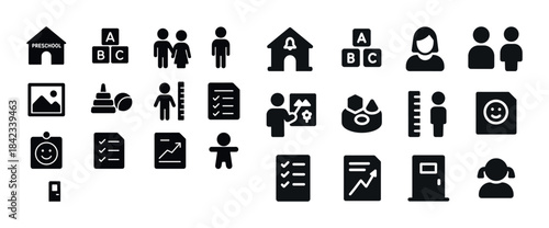 Preschool education icons set: learning, growth, and development