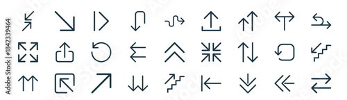 modern linear arrows icon set. vector thin line outline symbols for ui/ux app and web interfaces. minimal stroke collection including left arrow, diagonal arrow, arrow right, t junction, left,