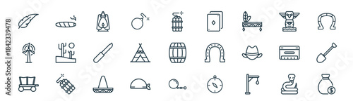 modern linear wild west icon set. vector thin line outline symbols for ui/ux app and web interfaces. minimal stroke collection including snake, cigar, oil lamp, totem, tipi, shovel, ball, money bag.